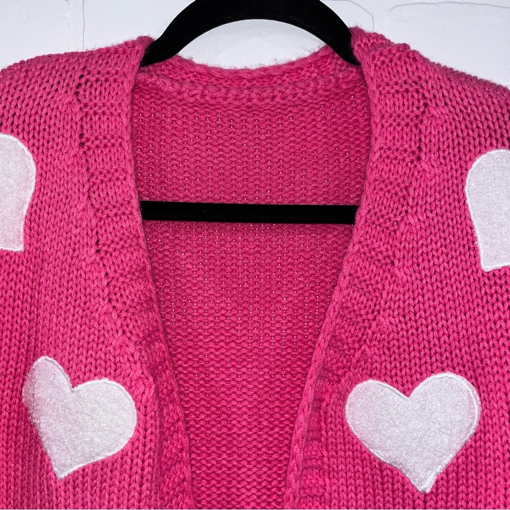 Pink with White Hearts Cardigan Barbie Sweater Valentine’s Day Scandi Girl - Picture 4 of 14